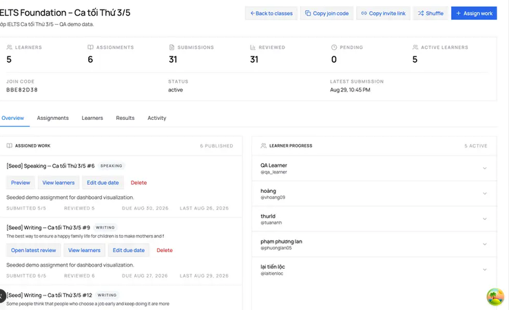 Class hub — 24 students joined via code XK-9472
