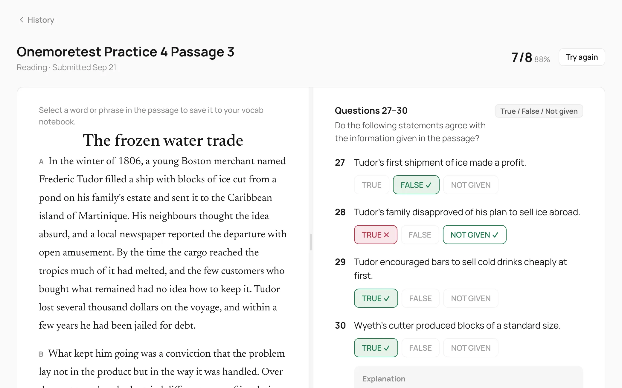 A passage and its explanations after submitting